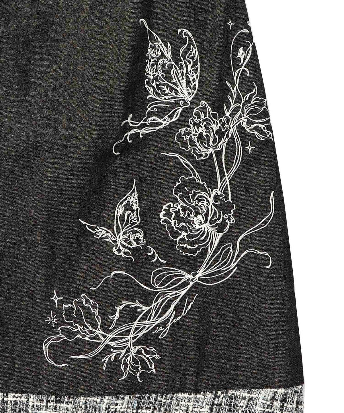 ラメツイード切替 花蝶刺繍デニムスカート-10