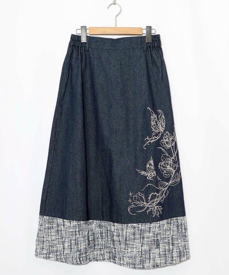 ラメツイード切替 花蝶刺繍デニムスカート-11