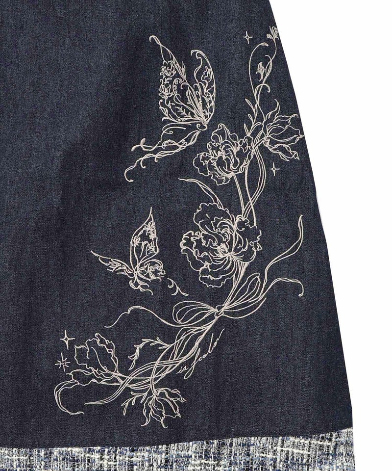 ラメツイード切替 花蝶刺繍デニムスカート-13