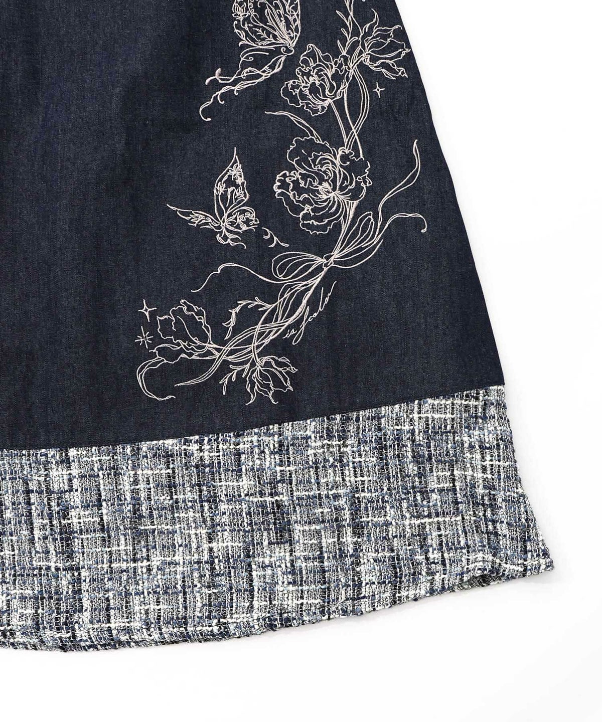 ラメツイード切替 花蝶刺繍デニムスカート-16