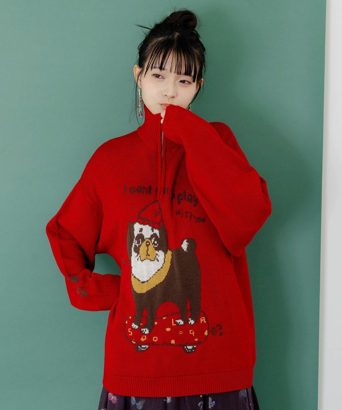 かまって欲しいパグ ハイネックニットプルオーバー-3