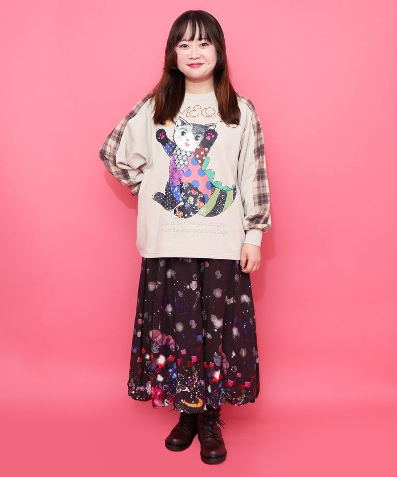 ネコ怪獣とチェック柄 切替裏毛プルオーバー-2