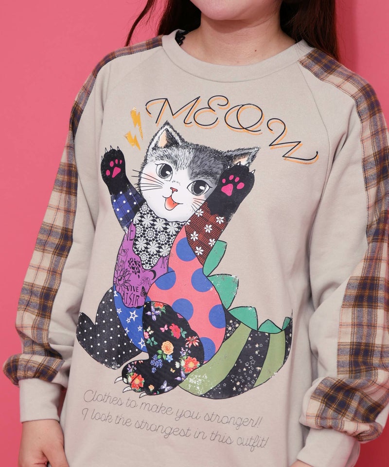 ネコ怪獣とチェック柄 切替裏毛プルオーバー-7