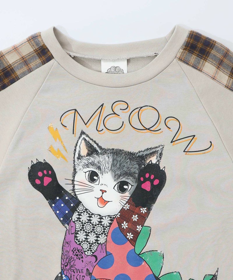 ネコ怪獣とチェック柄 切替裏毛プルオーバー-14