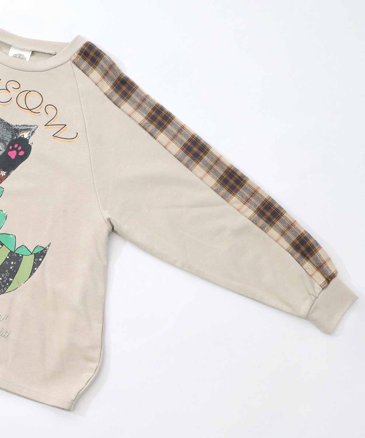 ネコ怪獣とチェック柄 切替裏毛プルオーバー-15