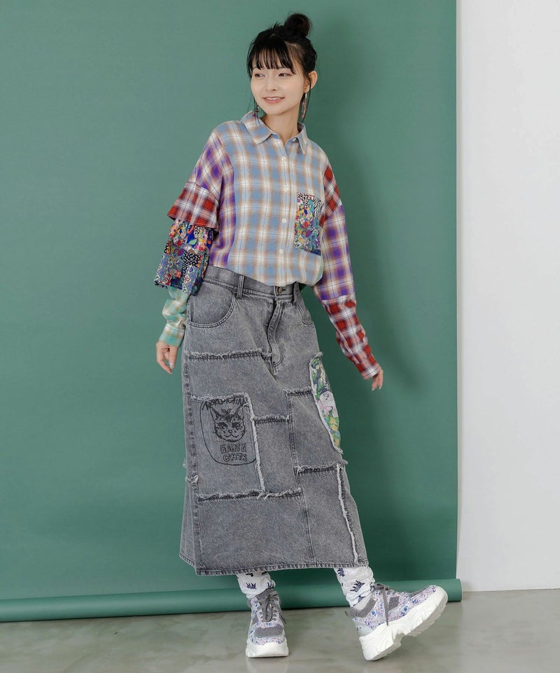 花ネコのアシメフリンジ アップリケデニムスカート-2
