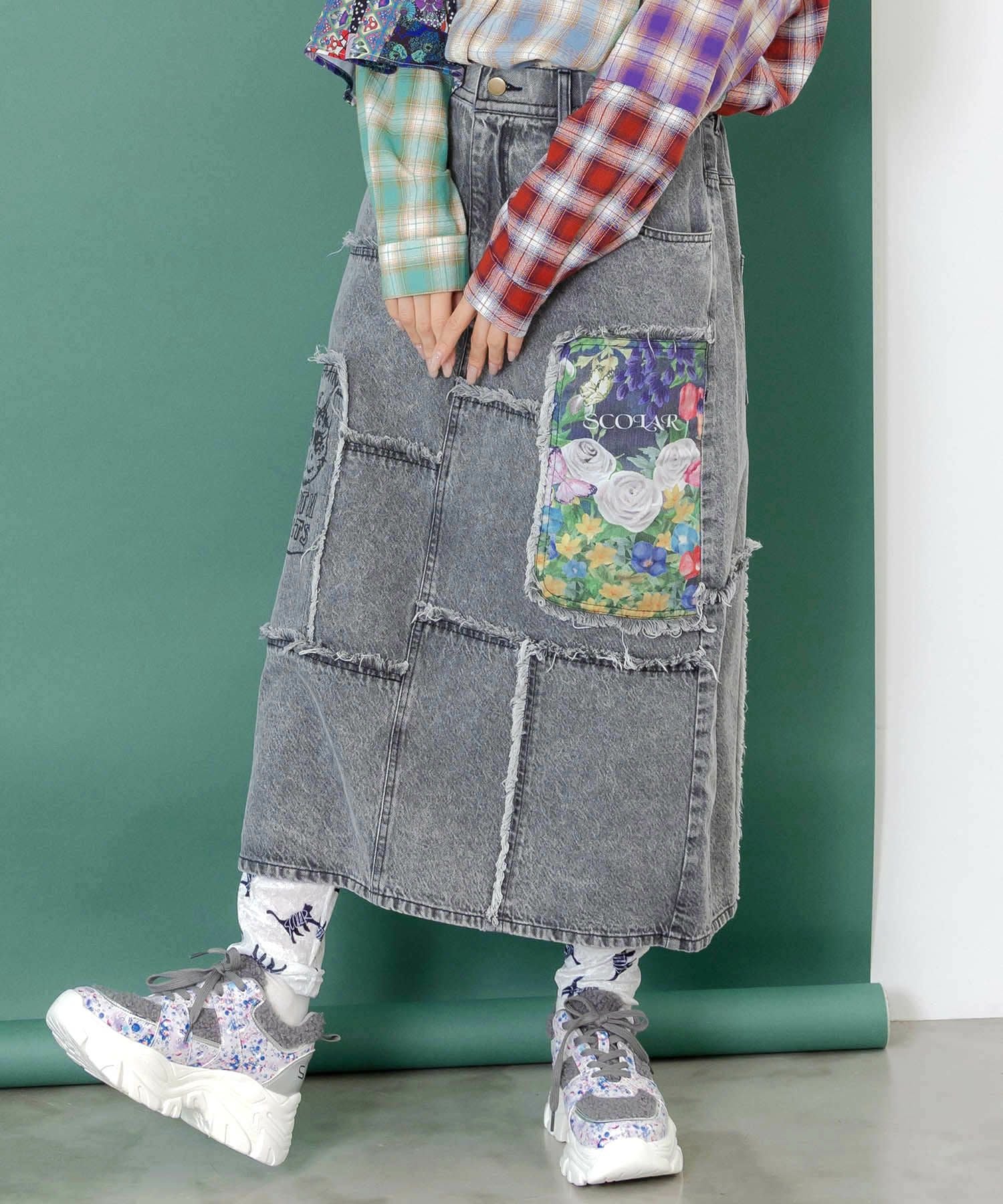 153673：花ネコのアシメフリンジ アップリケデニムスカートの通販-ScoLar