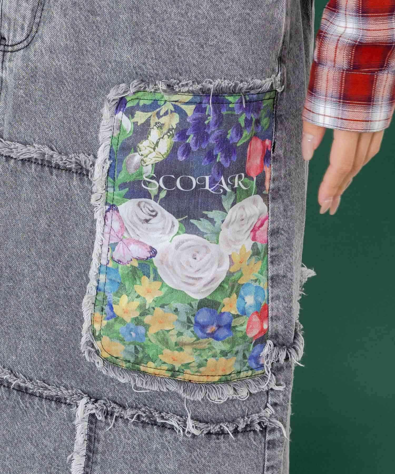 153673：花ネコのアシメフリンジ アップリケデニムスカートの通販-ScoLar