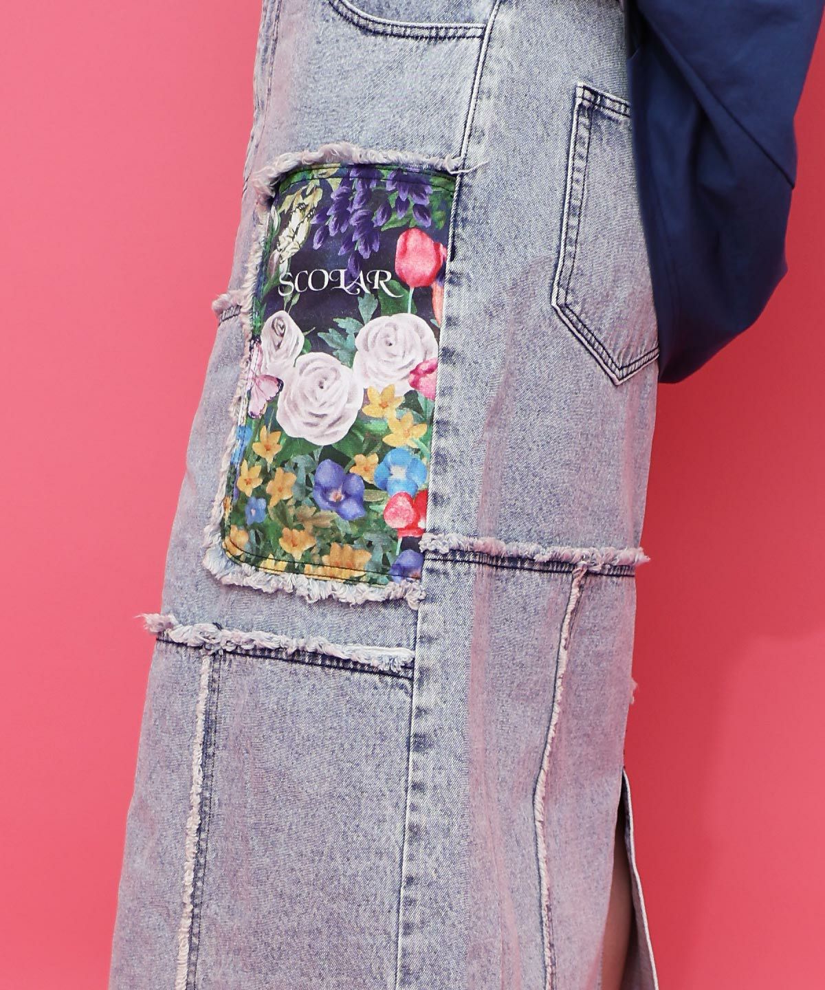 花ネコのアシメフリンジ アップリケデニムスカート-15