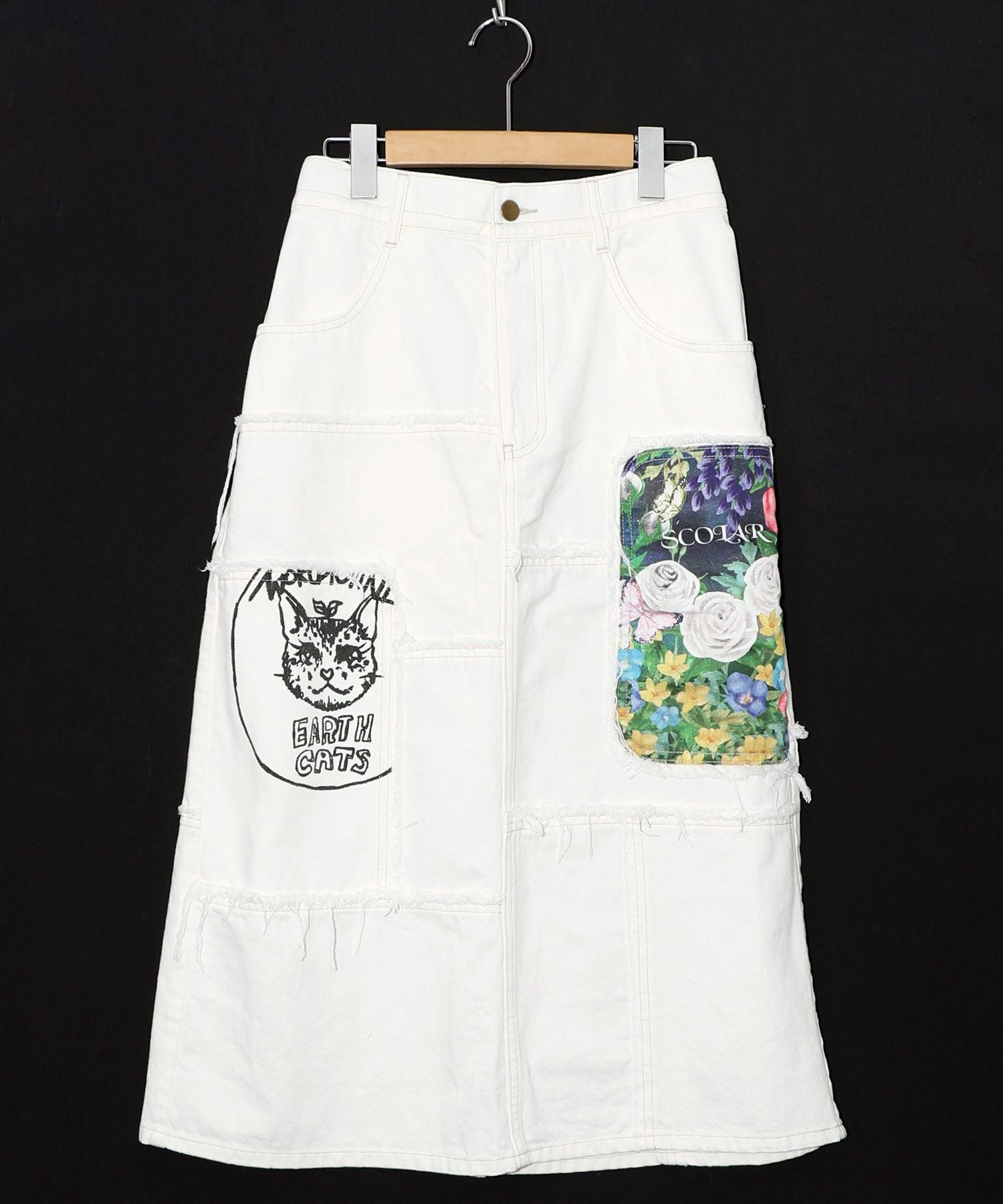 153673：花ネコのアシメフリンジ アップリケデニムスカートの通販-ScoLar