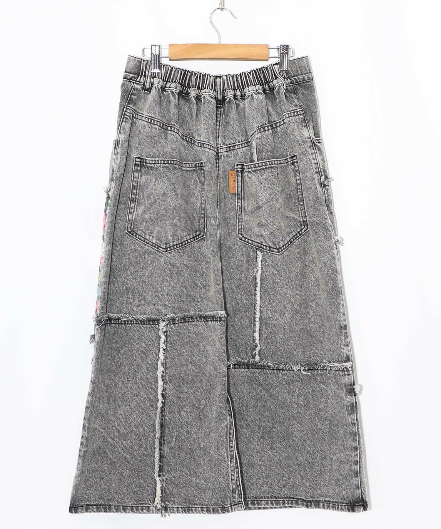 153673：花ネコのアシメフリンジ アップリケデニムスカートの通販-ScoLar