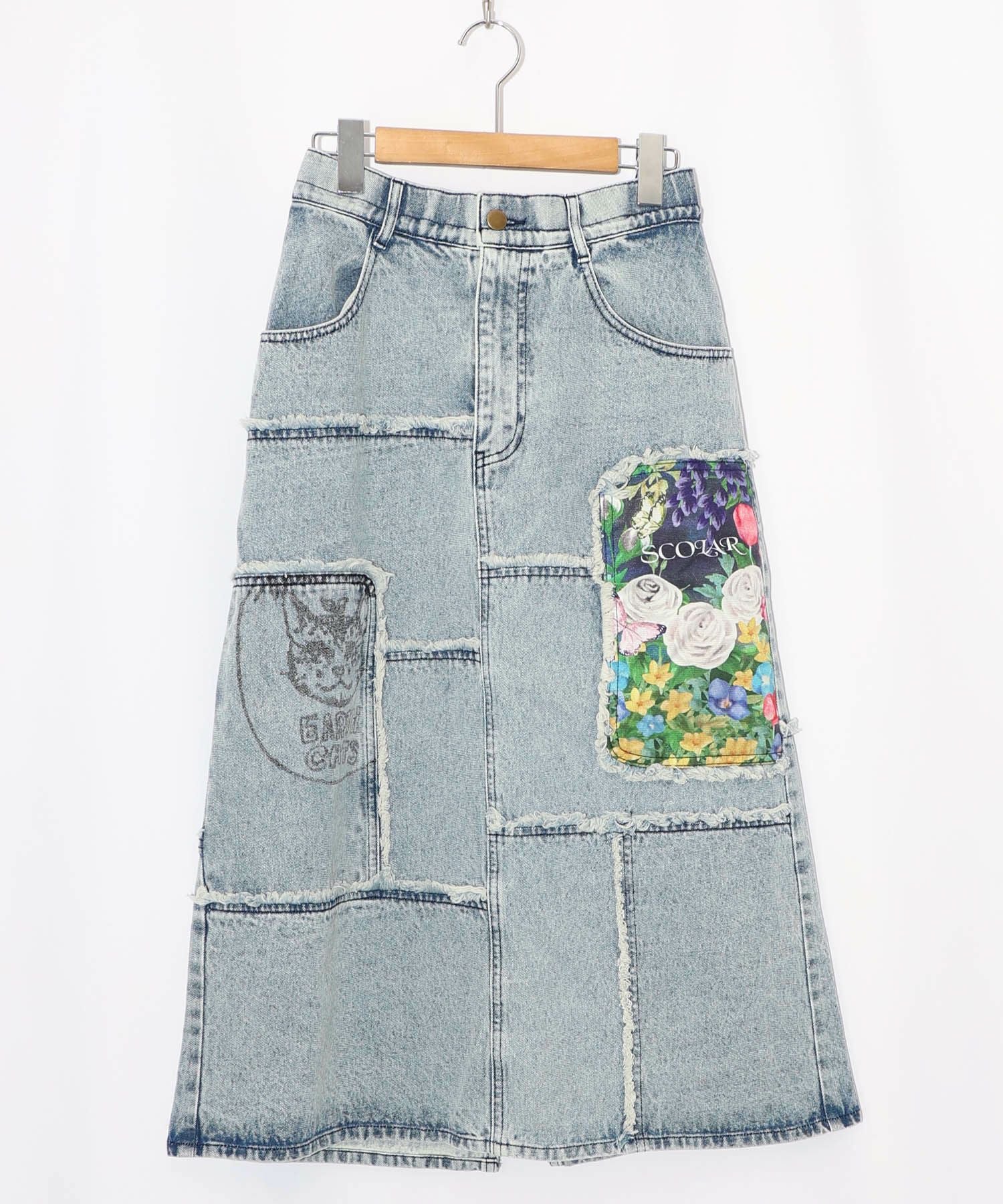 153673：花ネコのアシメフリンジ アップリケデニムスカートの通販-ScoLar