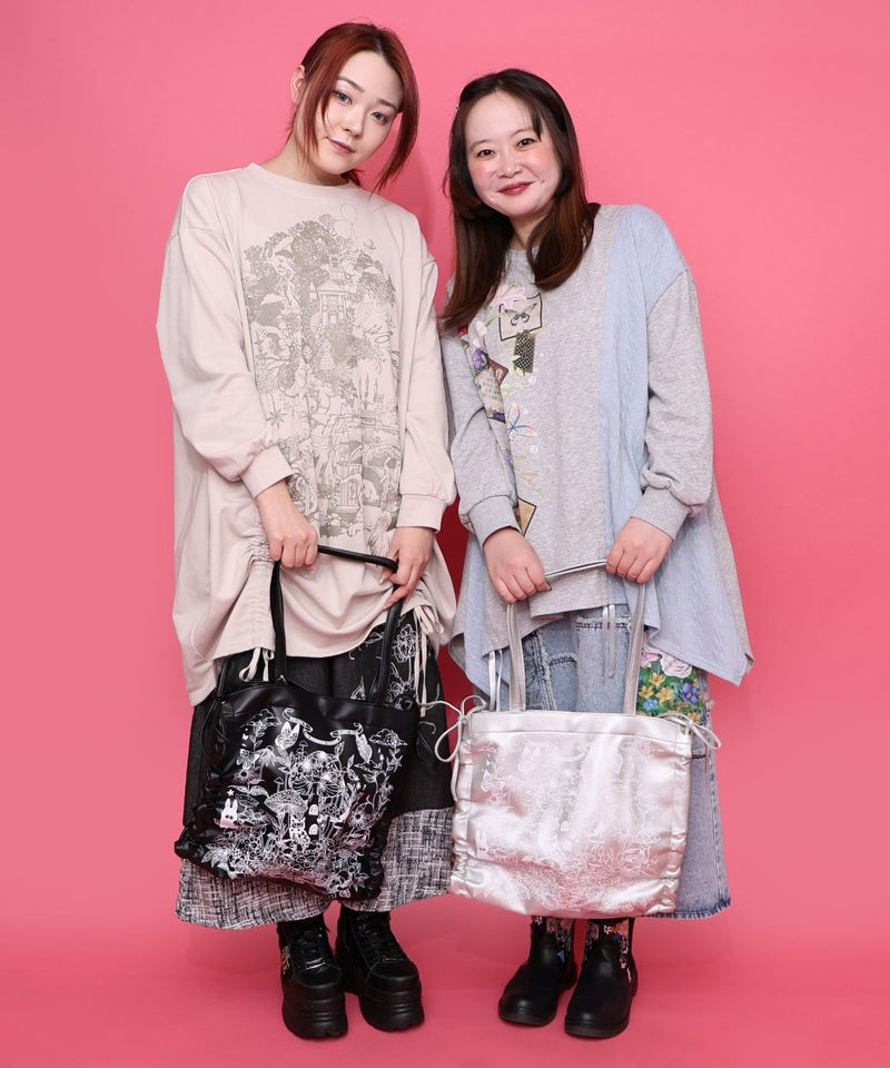 きのこランド柄サイド絞り合皮トートバッグ-2