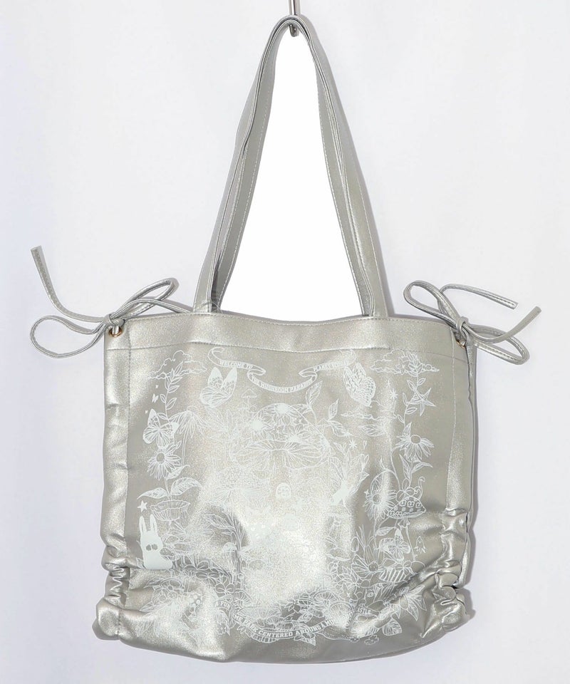 きのこランド柄サイド絞り合皮トートバッグ-6