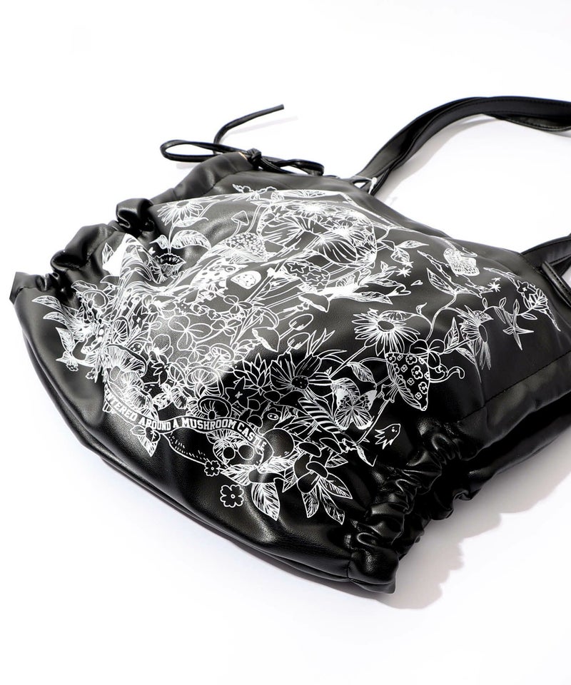 きのこランド柄サイド絞り合皮トートバッグ-12