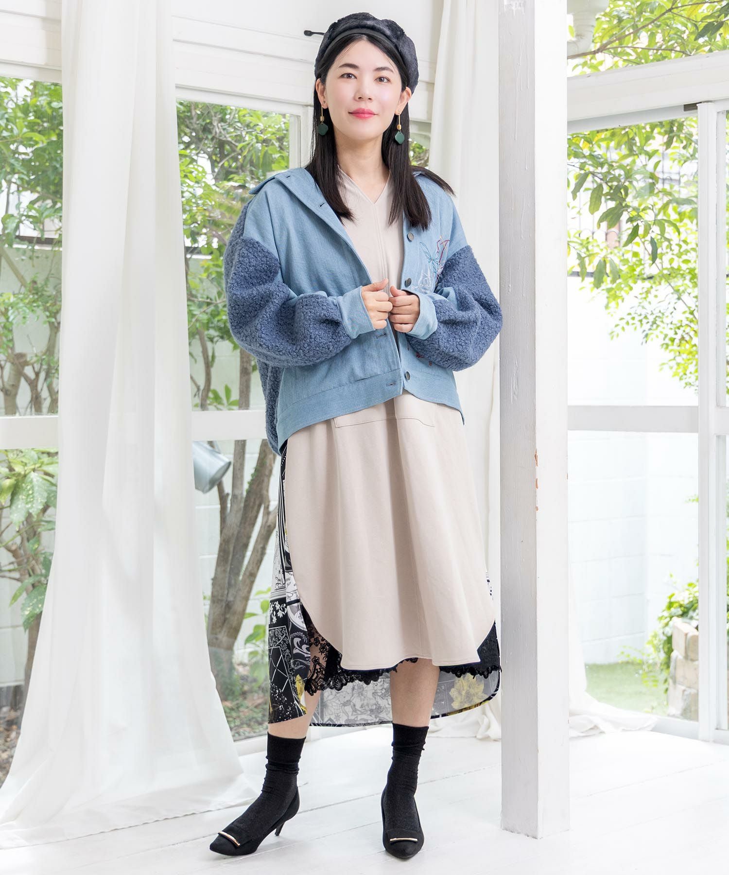 553250：花蝶刺繍デニム×プードルボア 切替ジャケットの通販-ScoLar