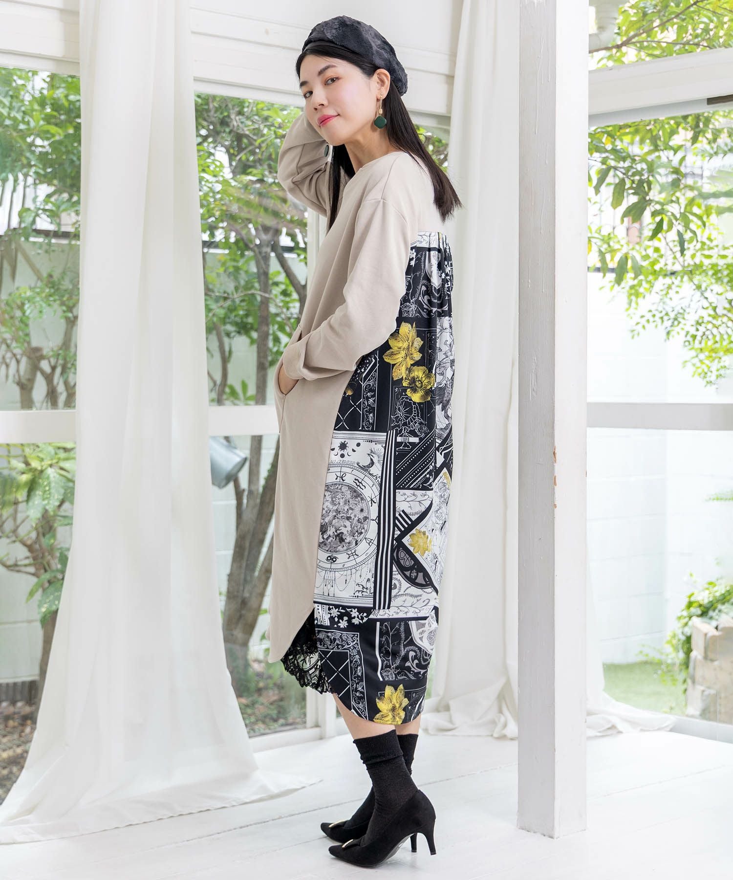 553242：パッチワーク風柄 異素材切替ワンピースの通販-ScoLar