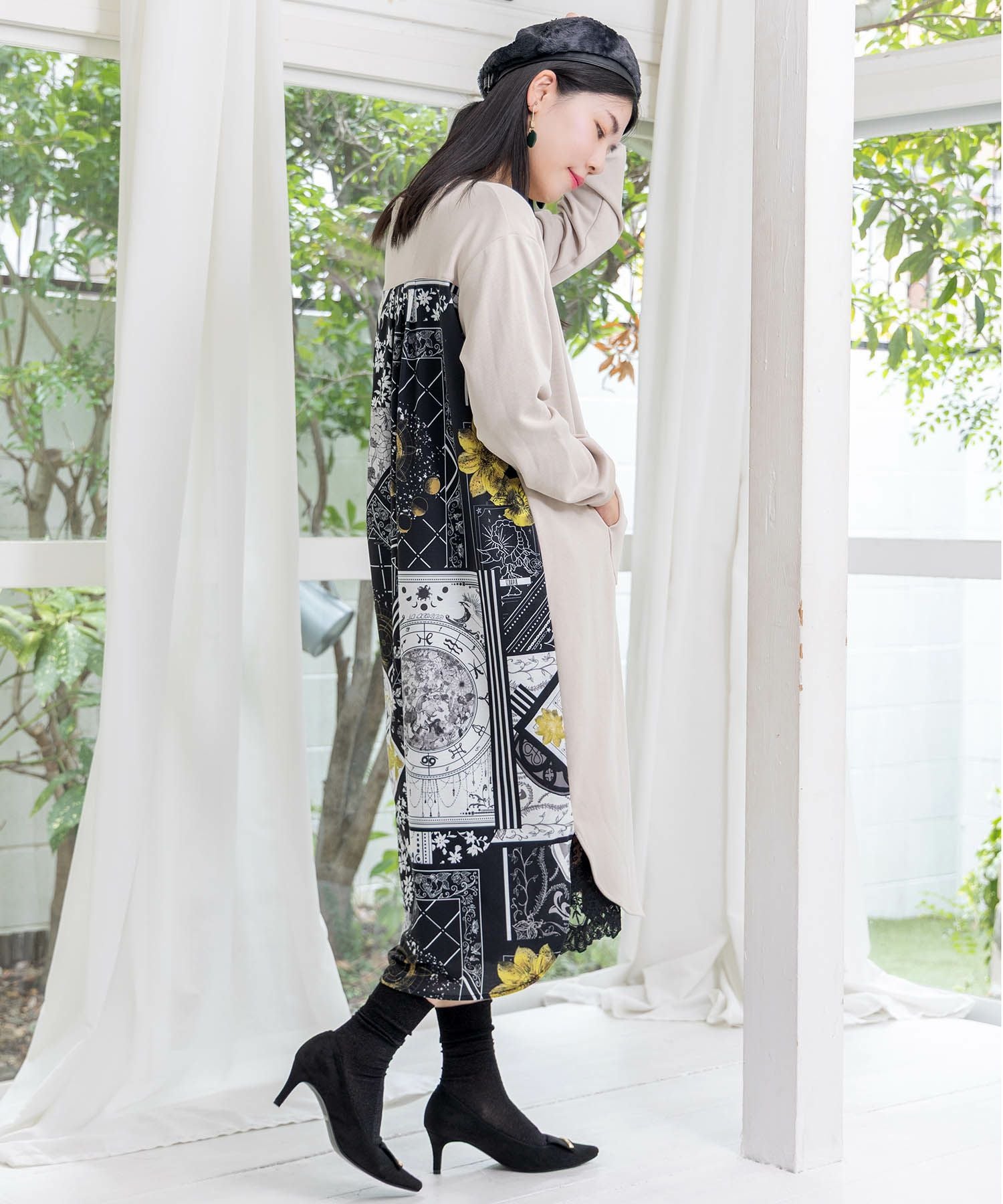 553242：パッチワーク風柄 異素材切替ワンピースの通販-ScoLar