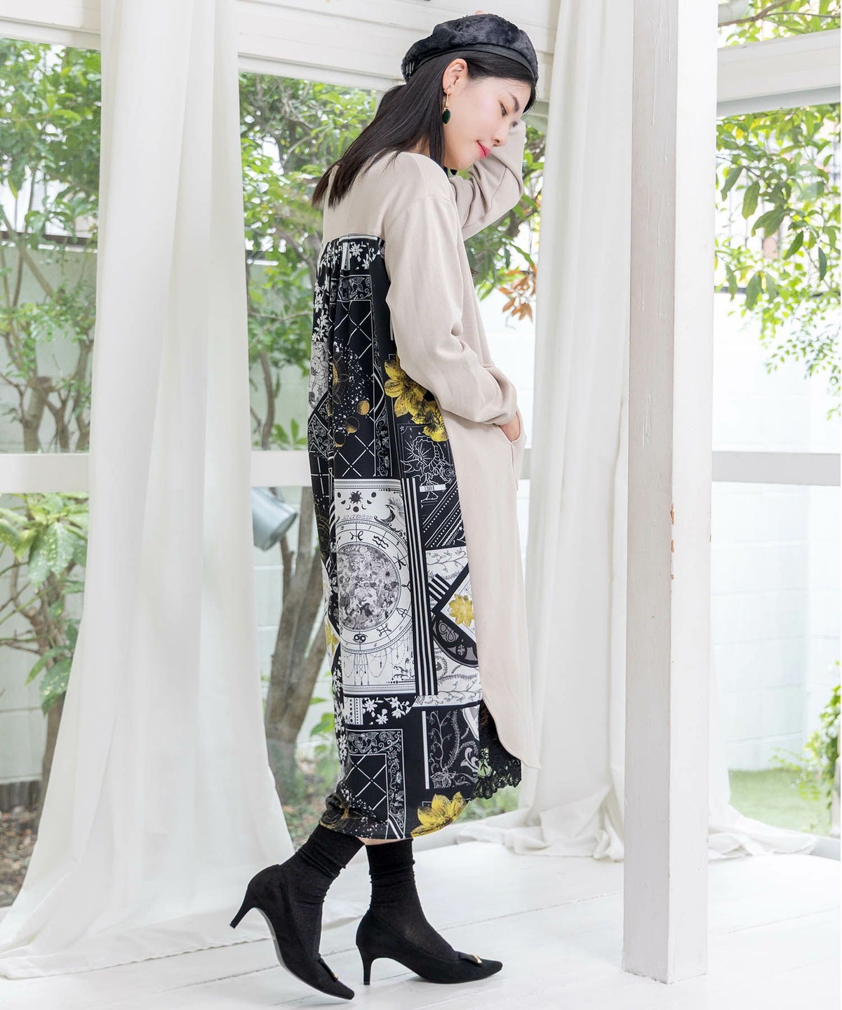 パッチワーク風柄 異素材切替ワンピース-3