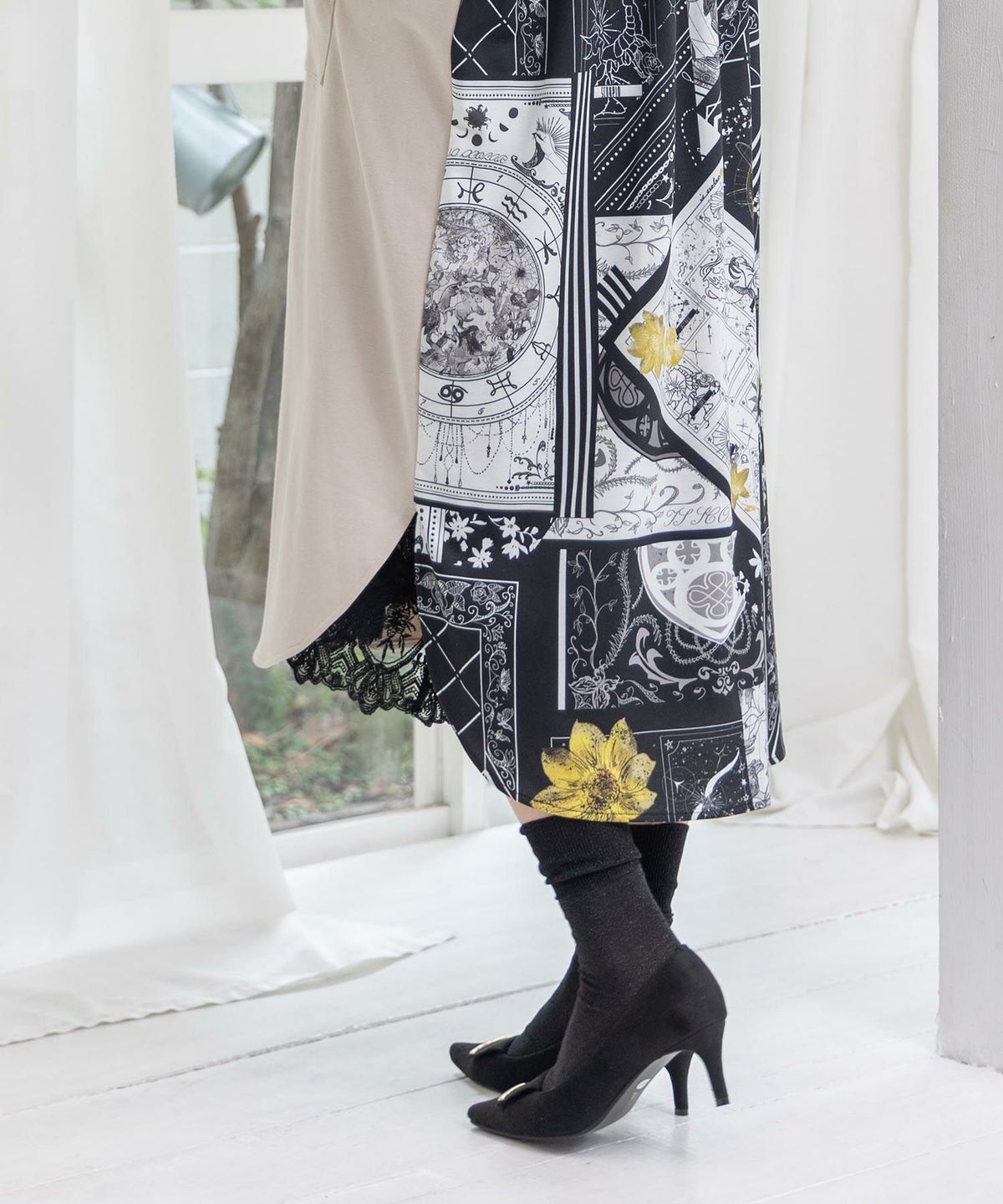 パッチワーク風柄 異素材切替ワンピース-6