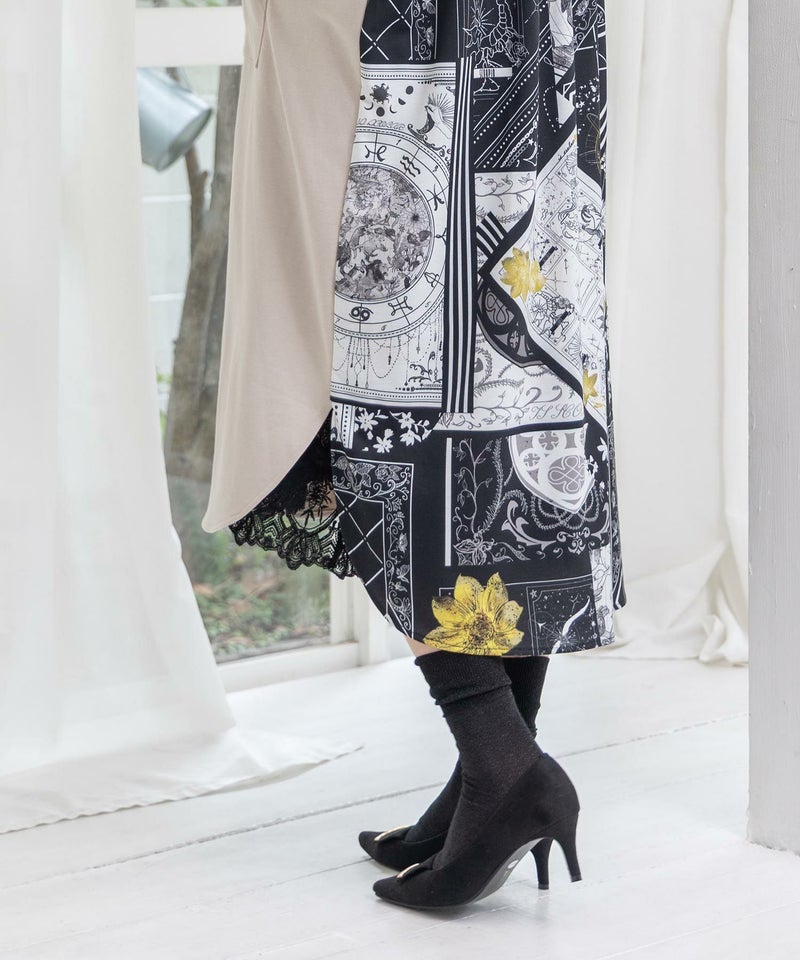 パッチワーク風柄 異素材切替ワンピース-6