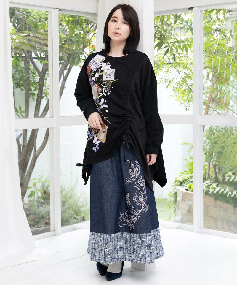 額縁×花×蝶柄　ニットソー×裏毛切替プルオーバー-2