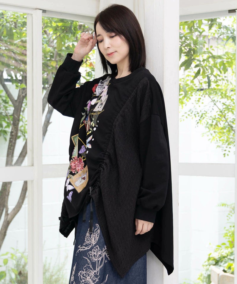 額縁×花×蝶柄　ニットソー×裏毛切替プルオーバー-4