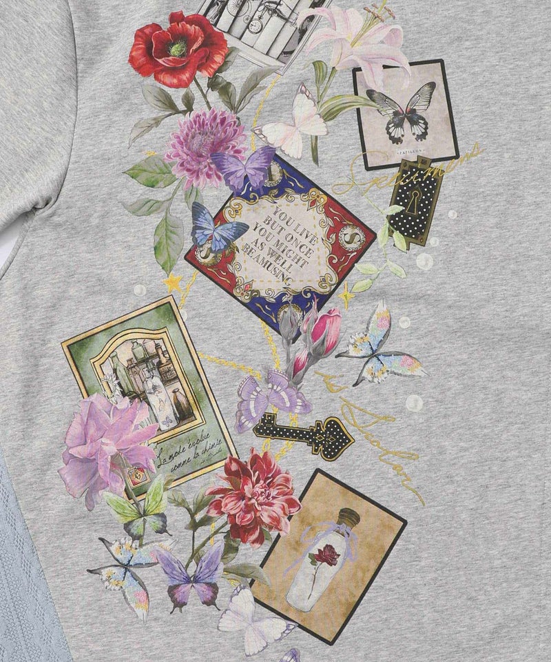 額縁×花×蝶柄　ニットソー×裏毛切替プルオーバー-10