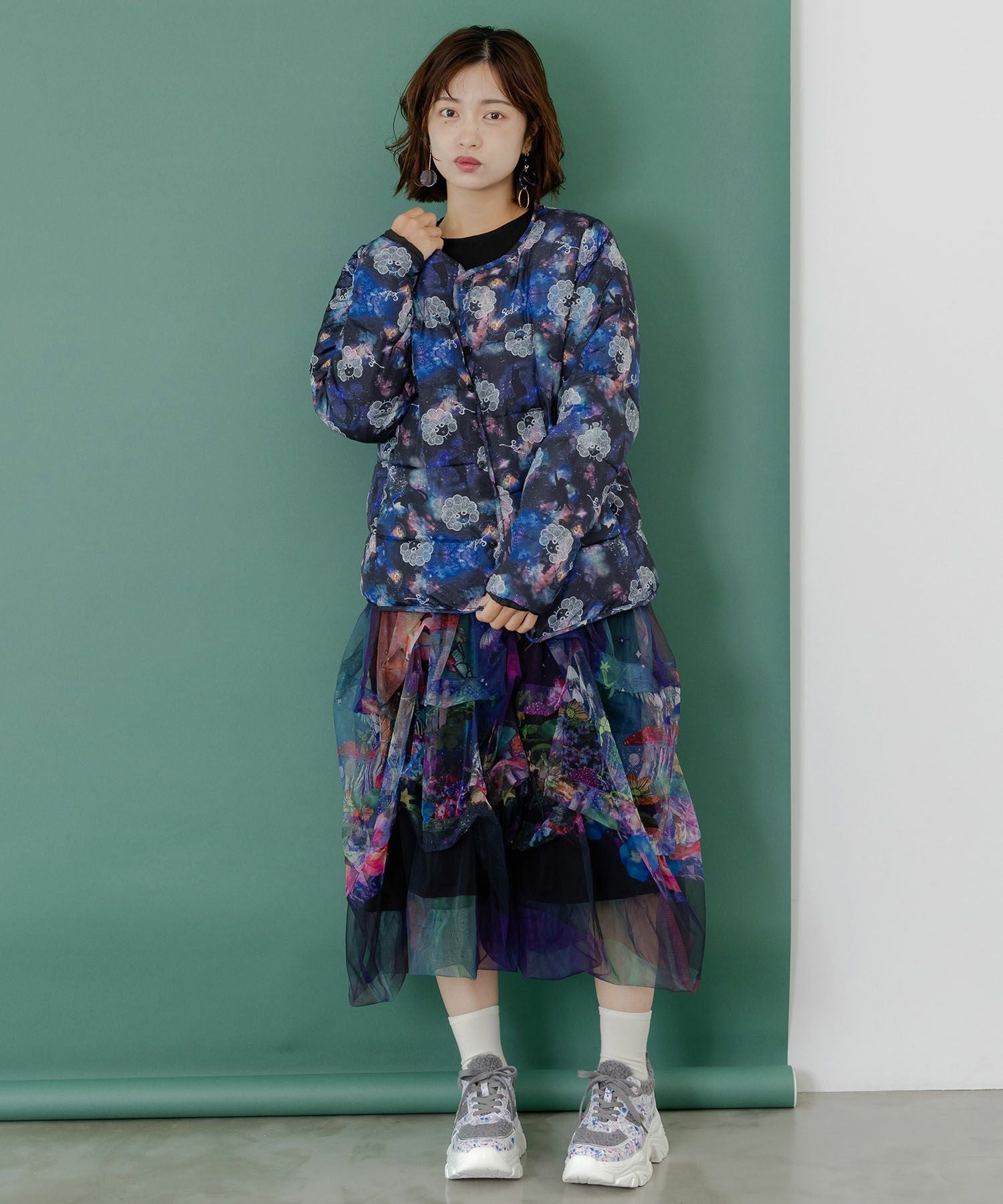 153691：スカラーちゃん×宇宙×ネコ柄リバーシブル中綿ブルゾンの通販