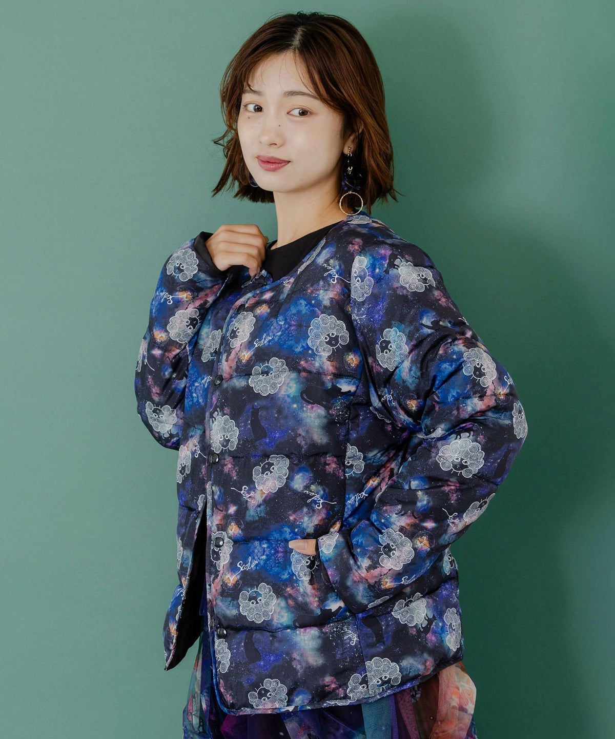 スカラーちゃん×宇宙×ネコ柄リバーシブル中綿ブルゾン-3