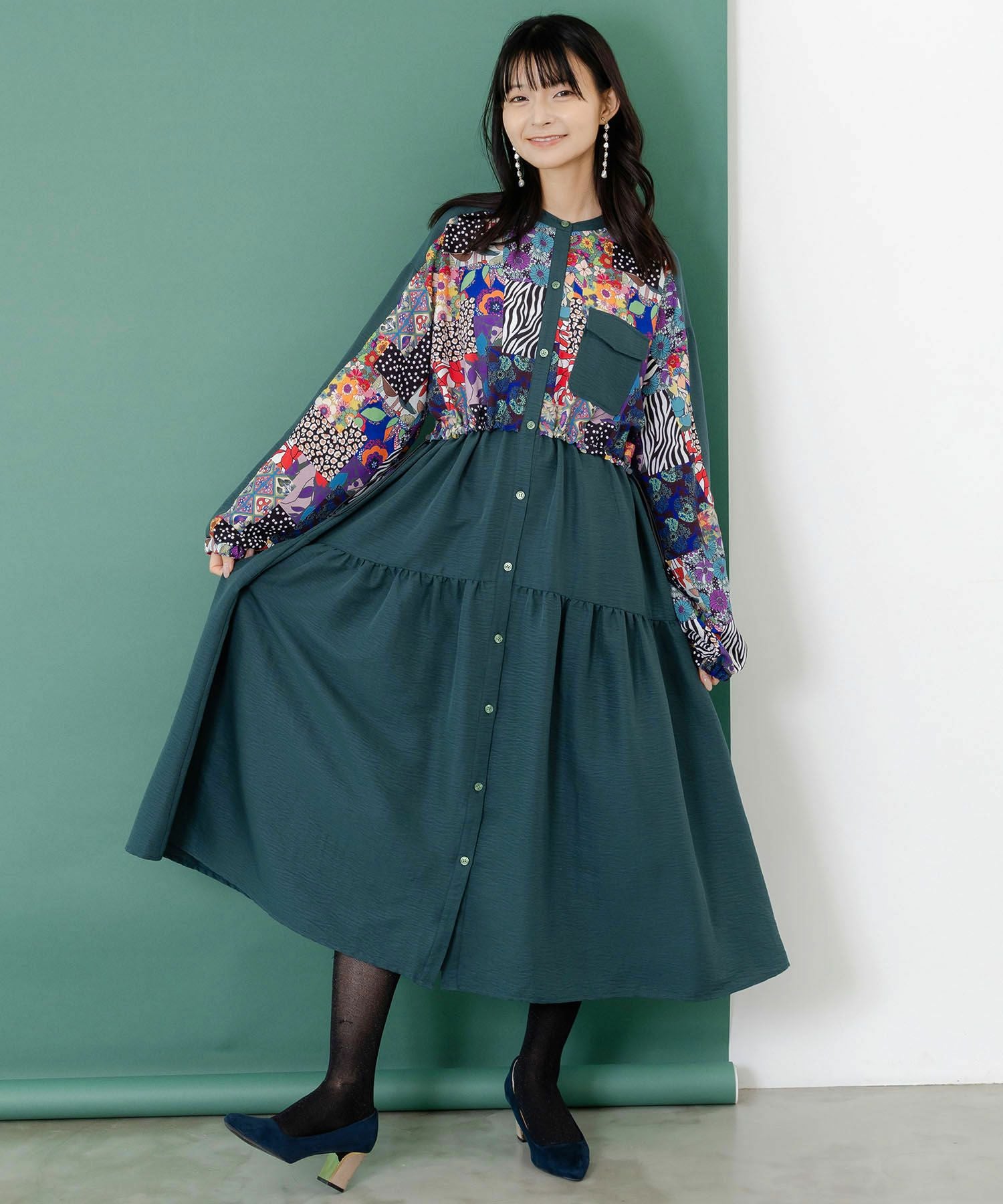 153679：総柄ワッシャーティアードシャツワンピースの通販-ScoLar