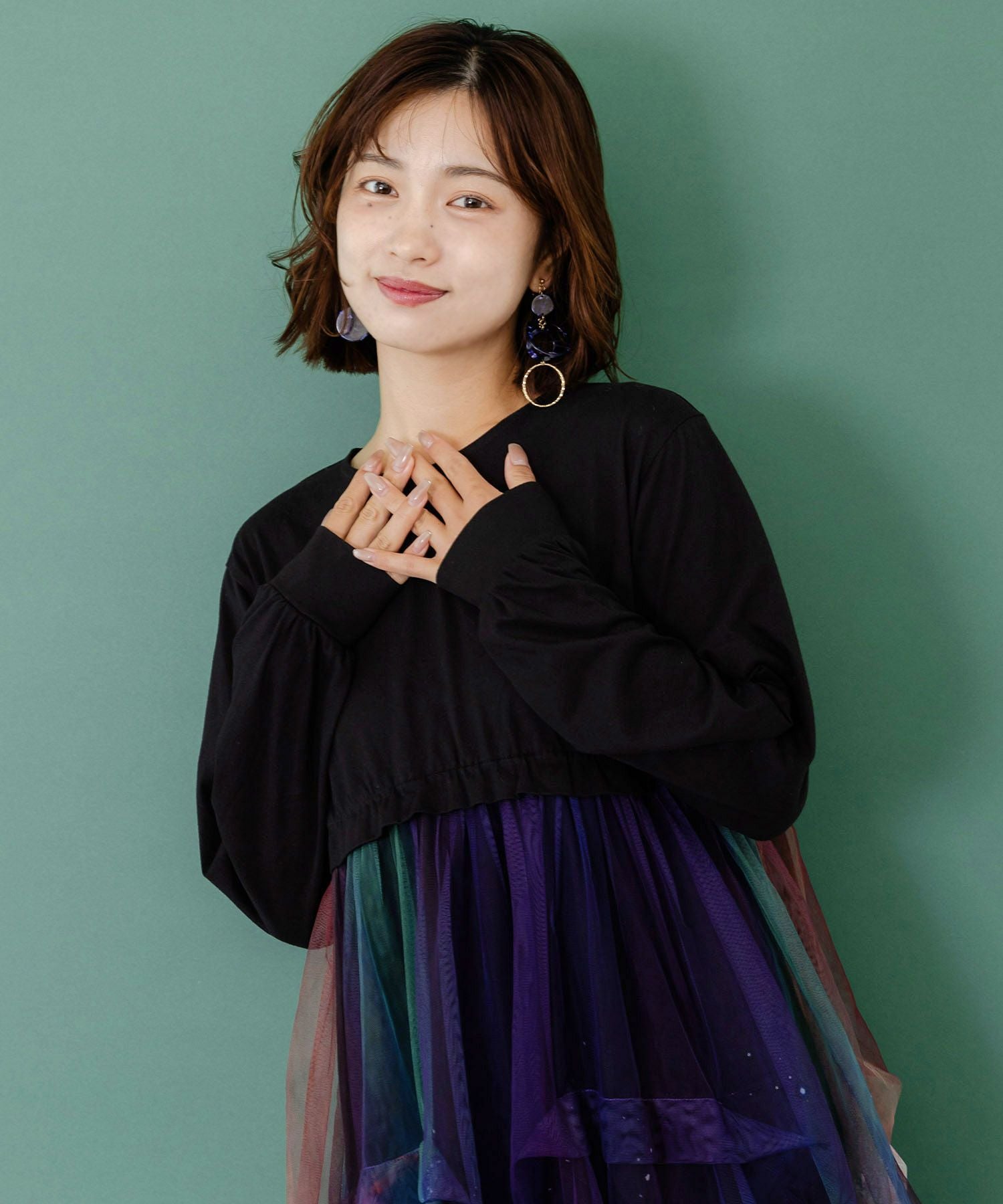 153678：2柄展開タック入りチュールバルーンワンピースの通販-ScoLar