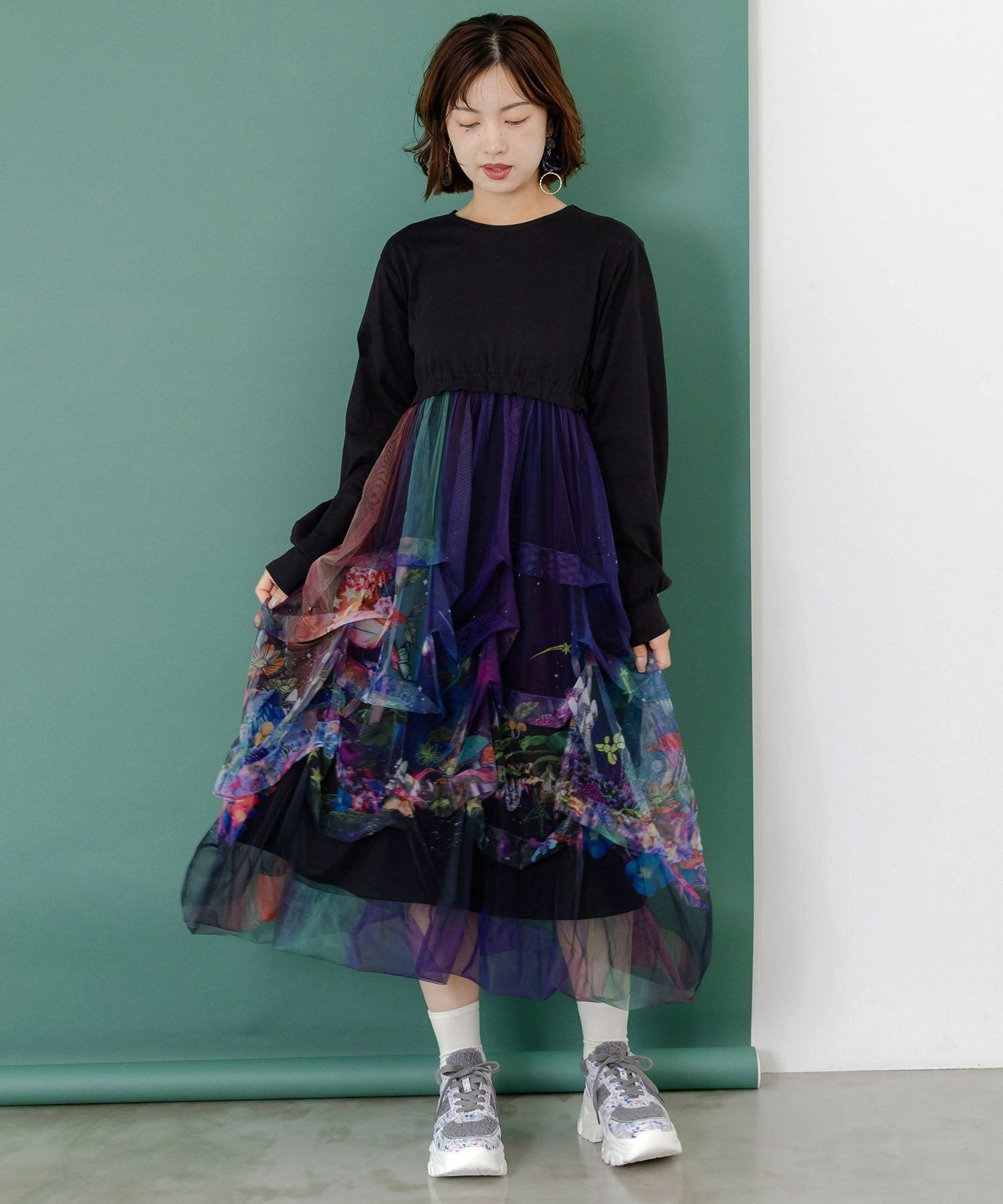 153678：2柄展開タック入りチュールバルーンワンピースの通販-ScoLar