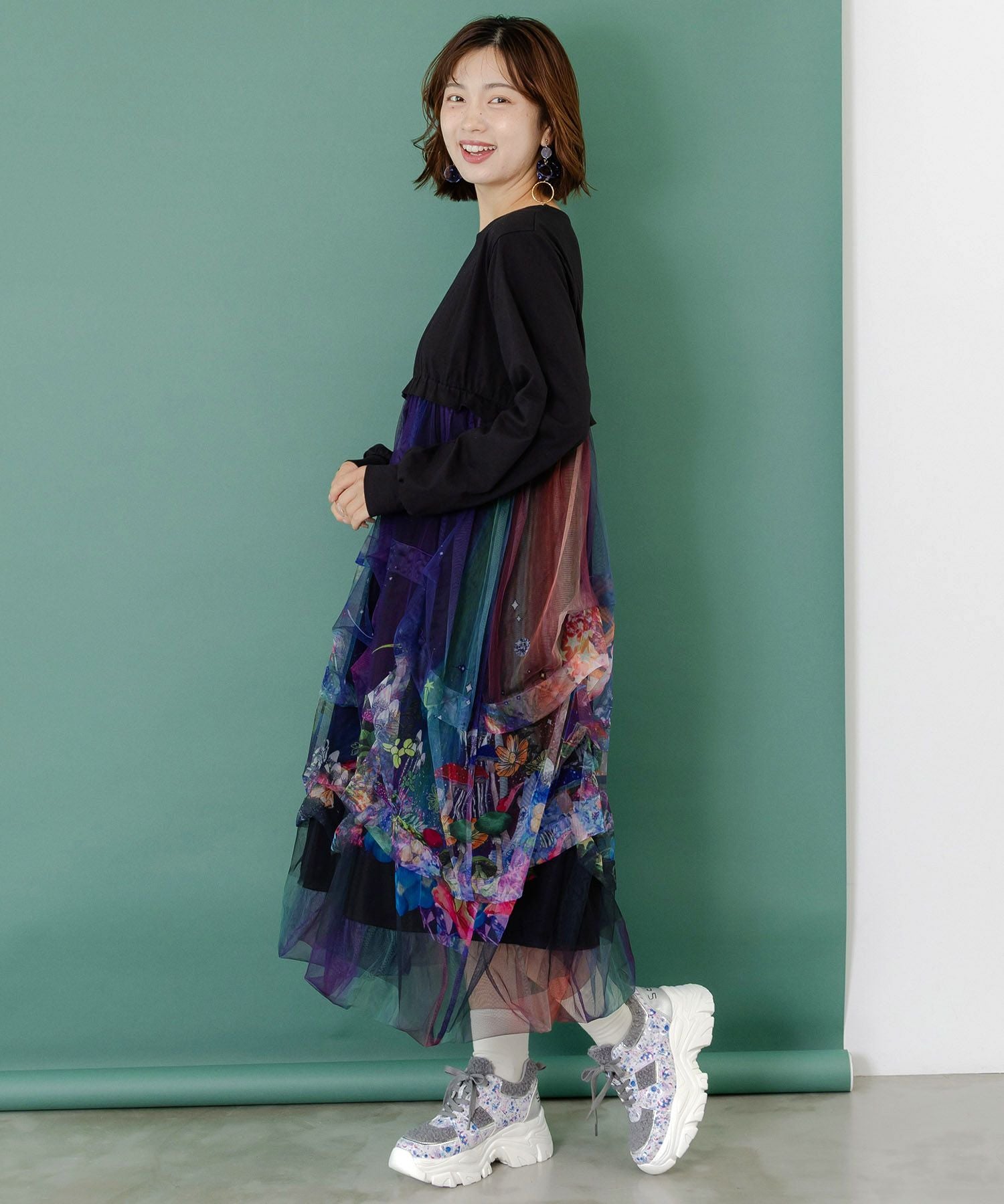 153678：2柄展開タック入りチュールバルーンワンピースの通販-ScoLar