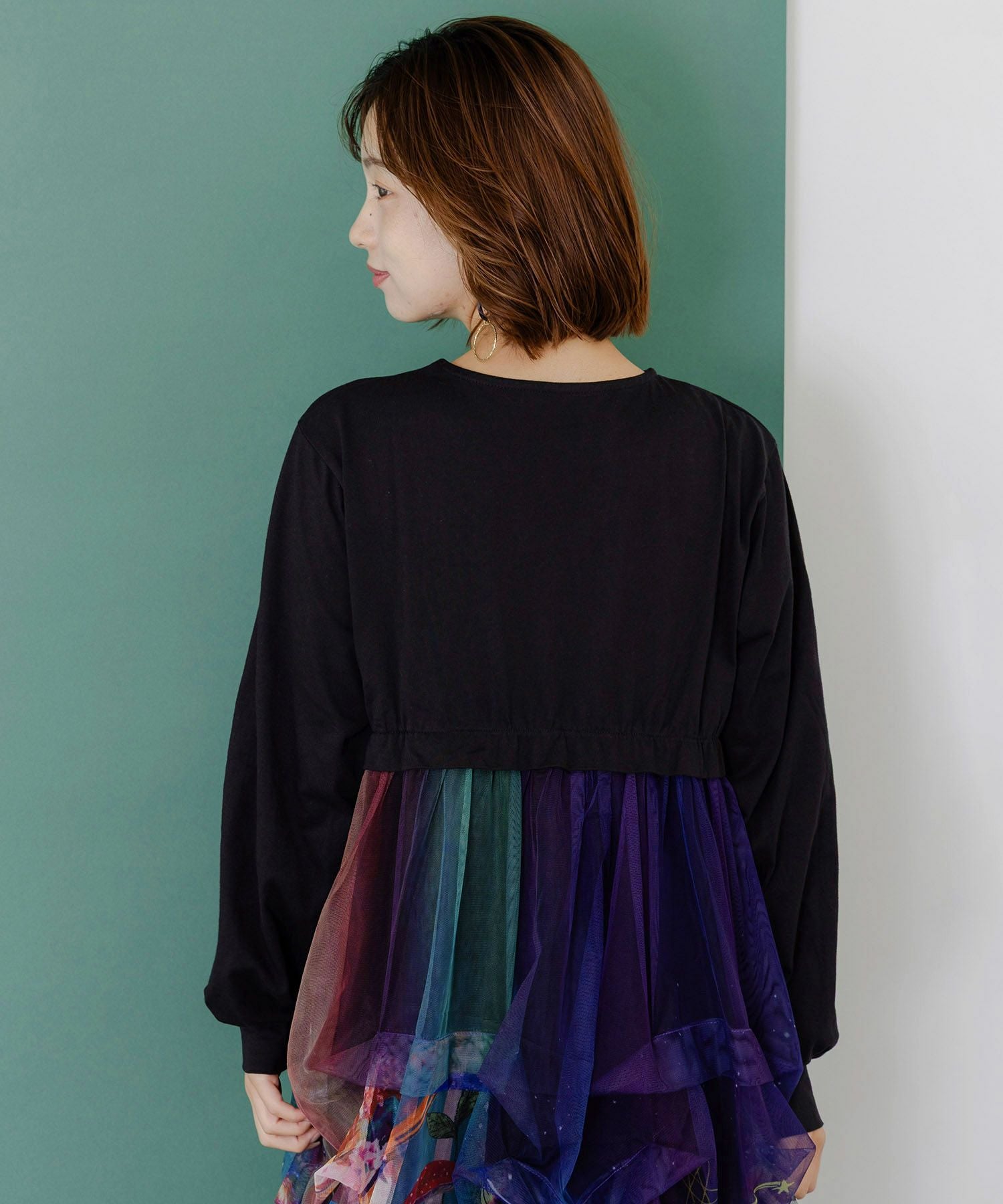 153678：2柄展開タック入りチュールバルーンワンピースの通販-ScoLar