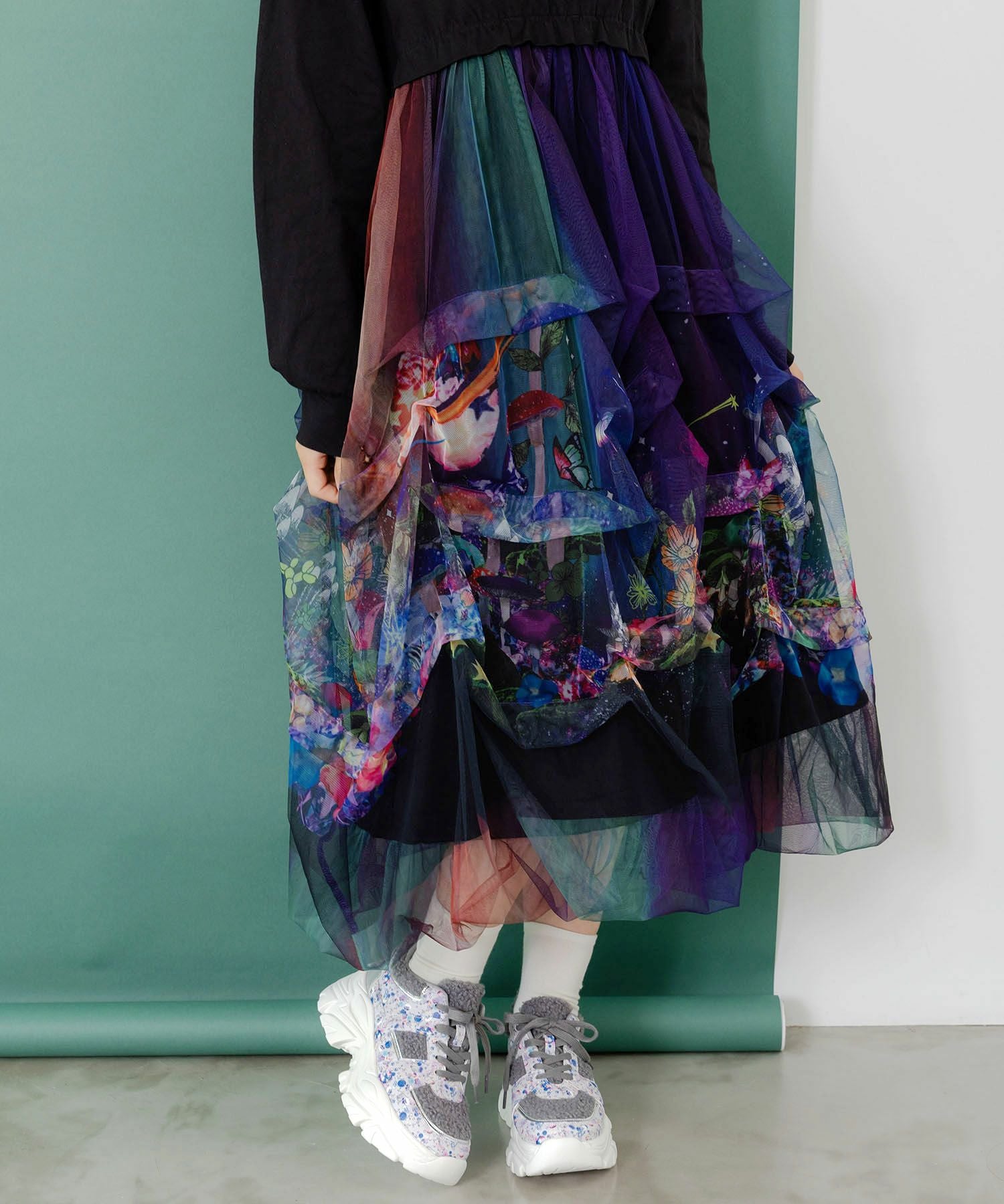 153678：2柄展開タック入りチュールバルーンワンピースの通販-ScoLar