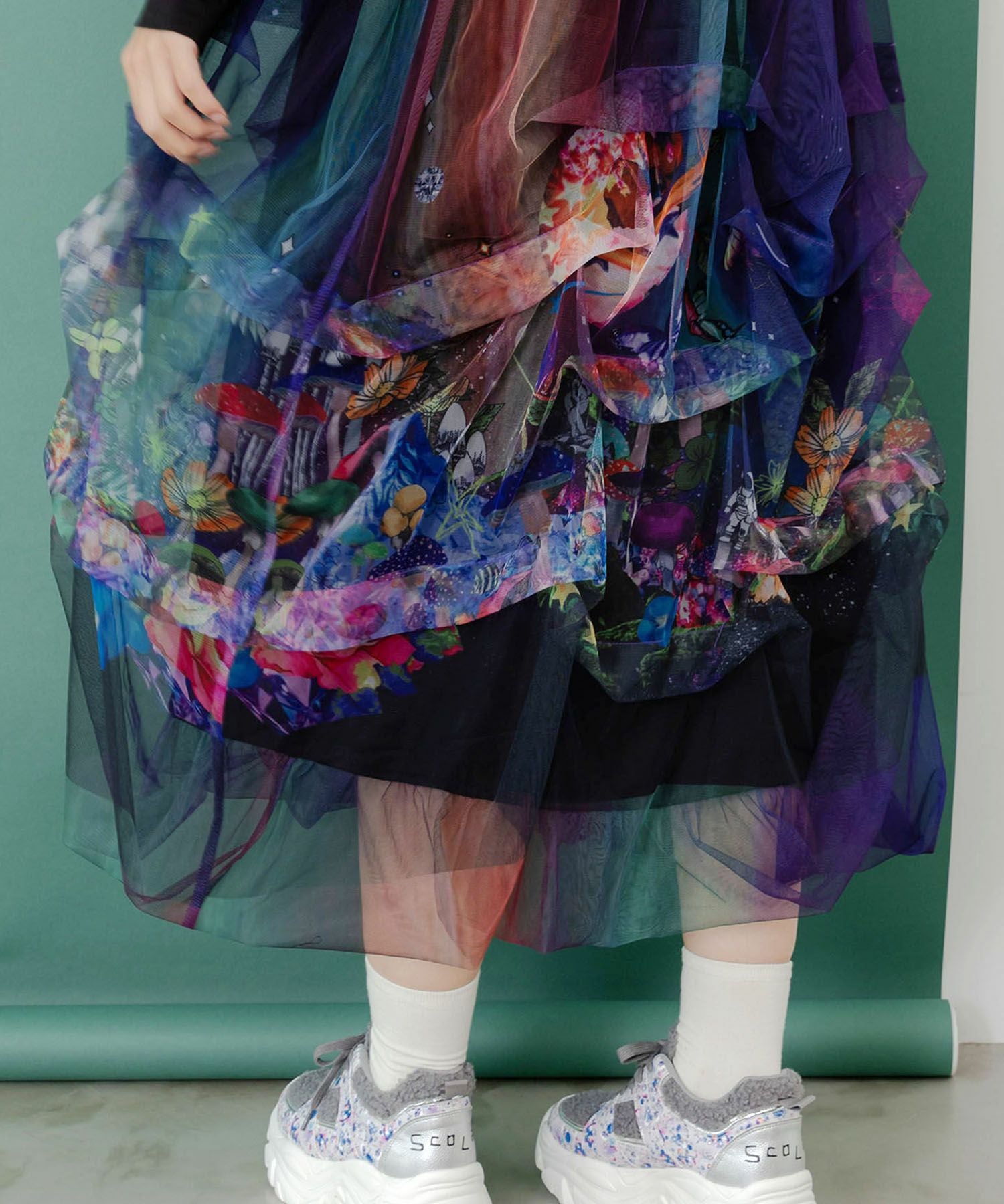 153678：2柄展開タック入りチュールバルーンワンピースの通販-ScoLar