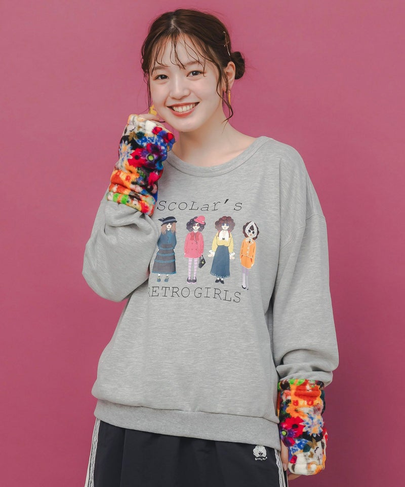 アームウォーマー付き レトロ柄裏毛プルオーバー-1