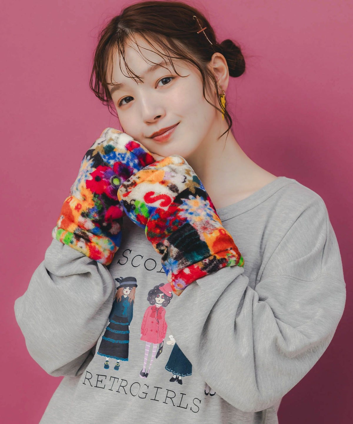 アームウォーマー付き レトロ柄裏毛プルオーバー-2