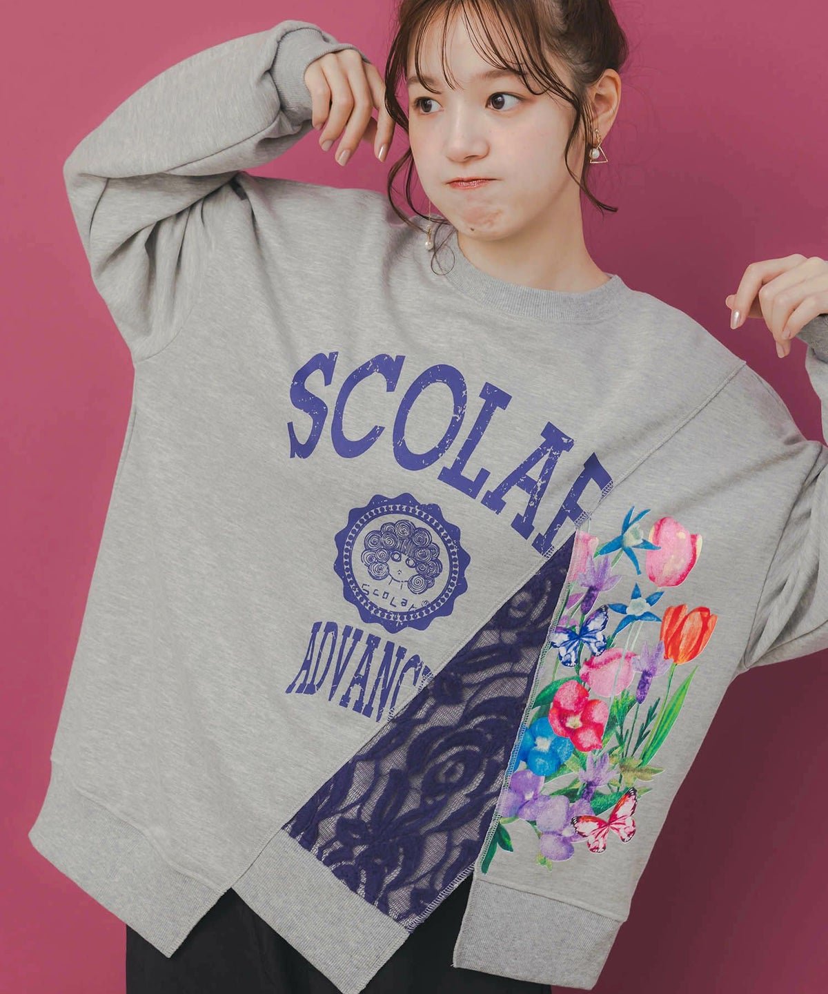 ミニ裏毛×起毛レースリメイク風アシメプルオーバー-1