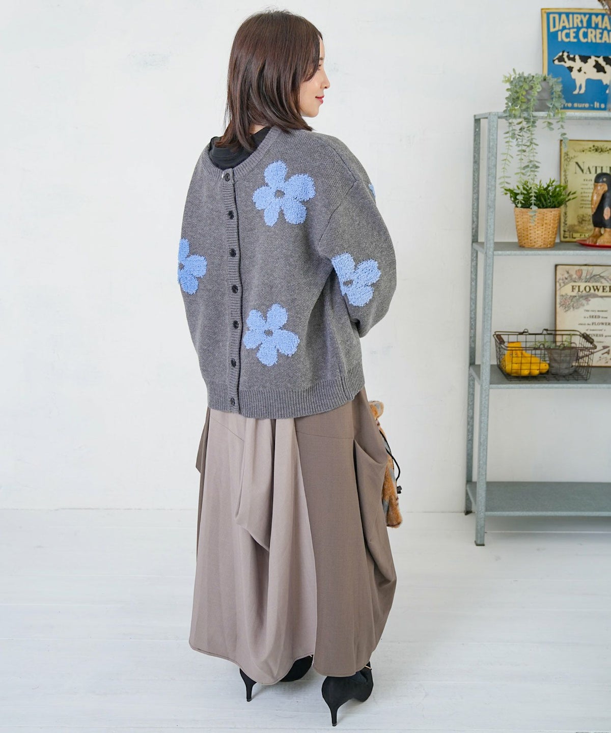 2WAYお花サガラ刺繍ジャガードニットカーディガン-15