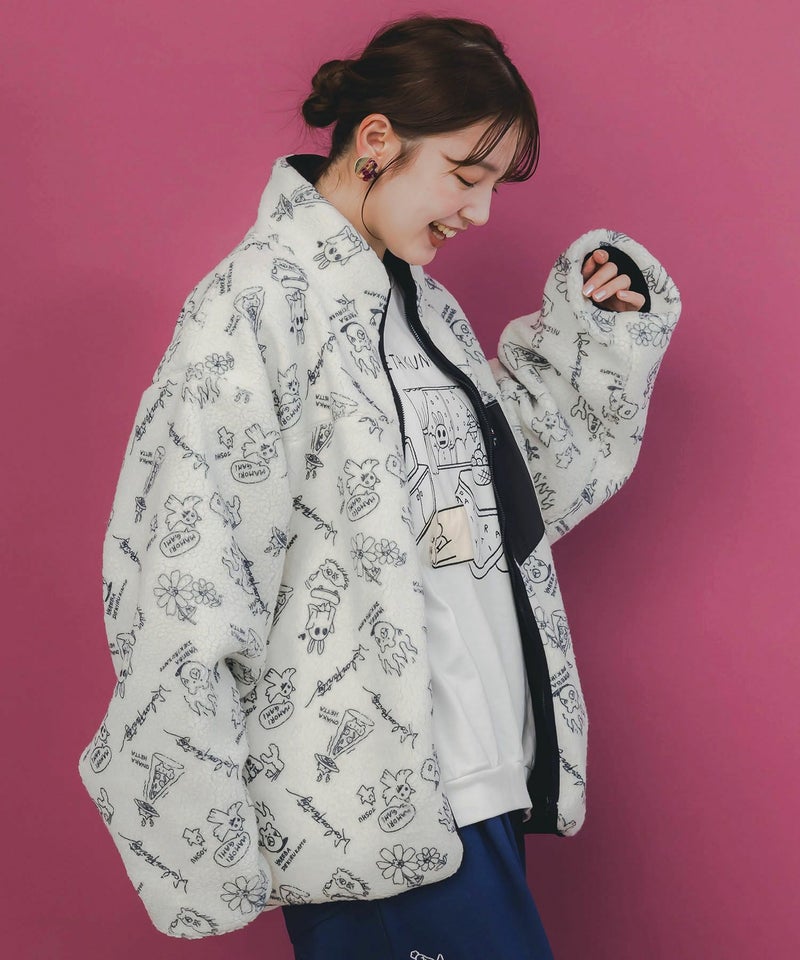 落書き調Parityキャラ厚手ボアハイネックブルゾン-4