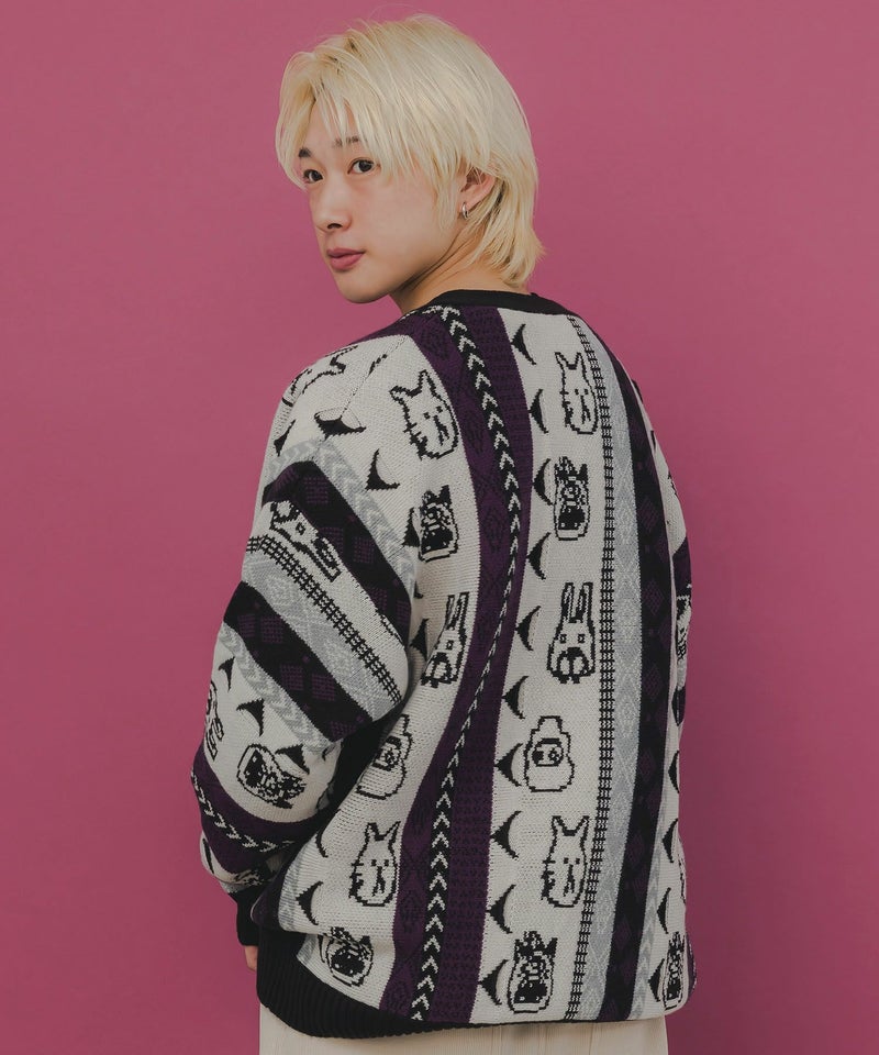 落書き調Parityキャラジャガード3Dニットカーディガン-5