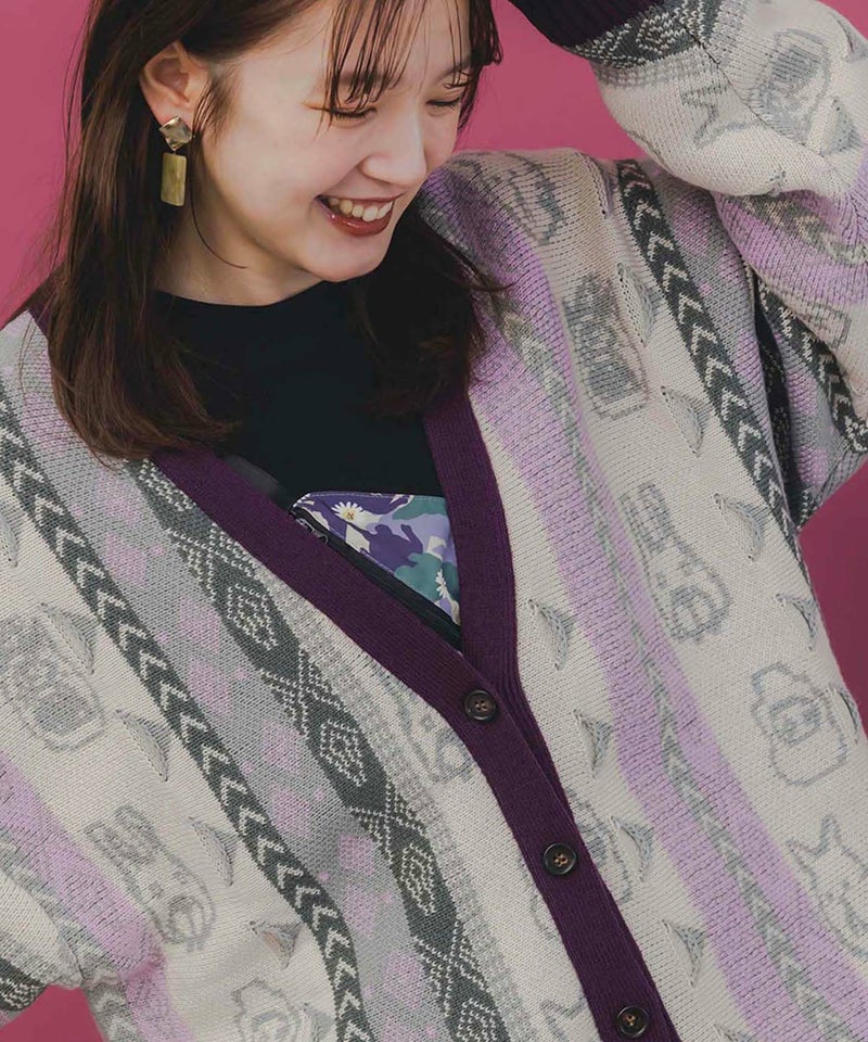 落書き調Parityキャラジャガード3Dニットカーディガン-12