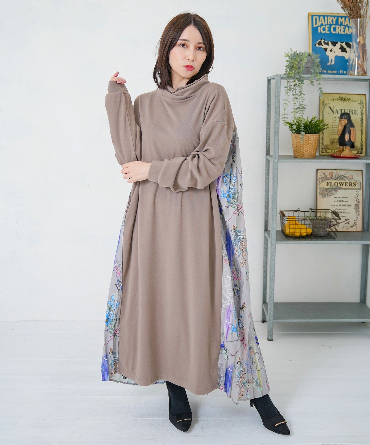 花柄素材切替タートルネックワンピース-9