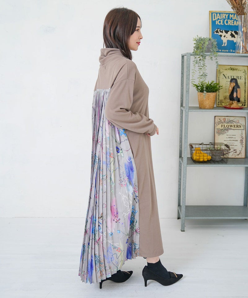 花柄素材切替タートルネックワンピース-12