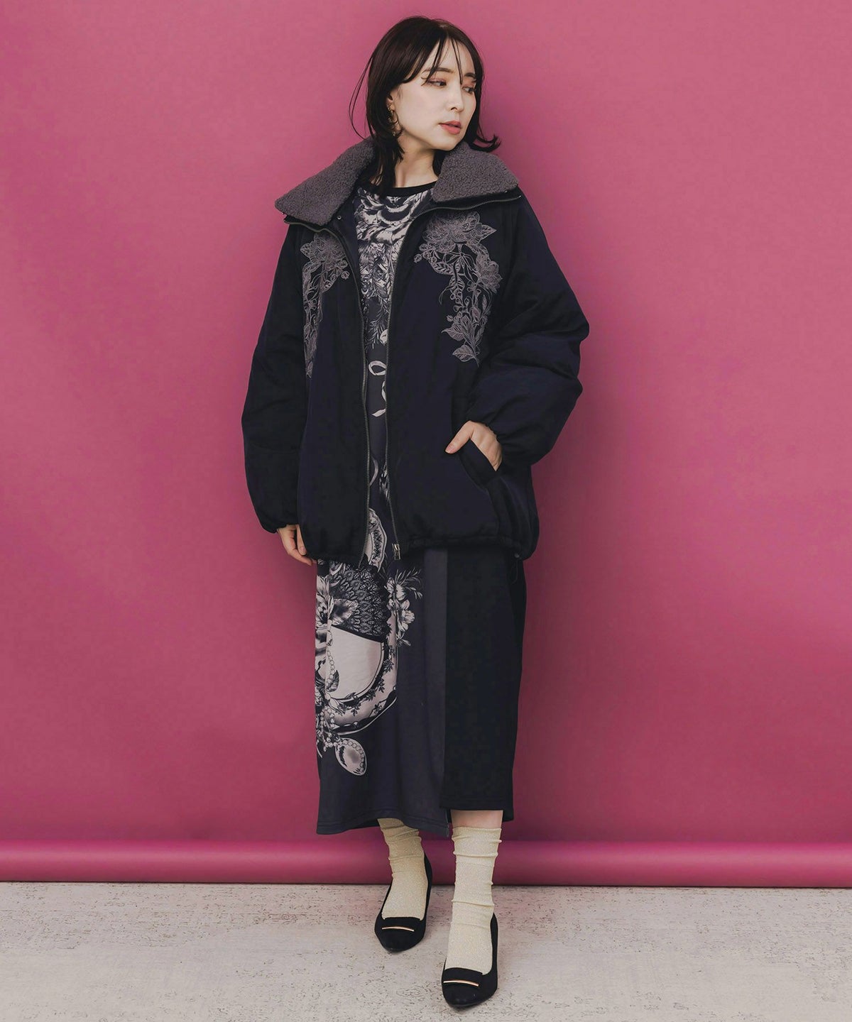 ボア襟取り外し可能 花刺繍中綿ブルゾン-2