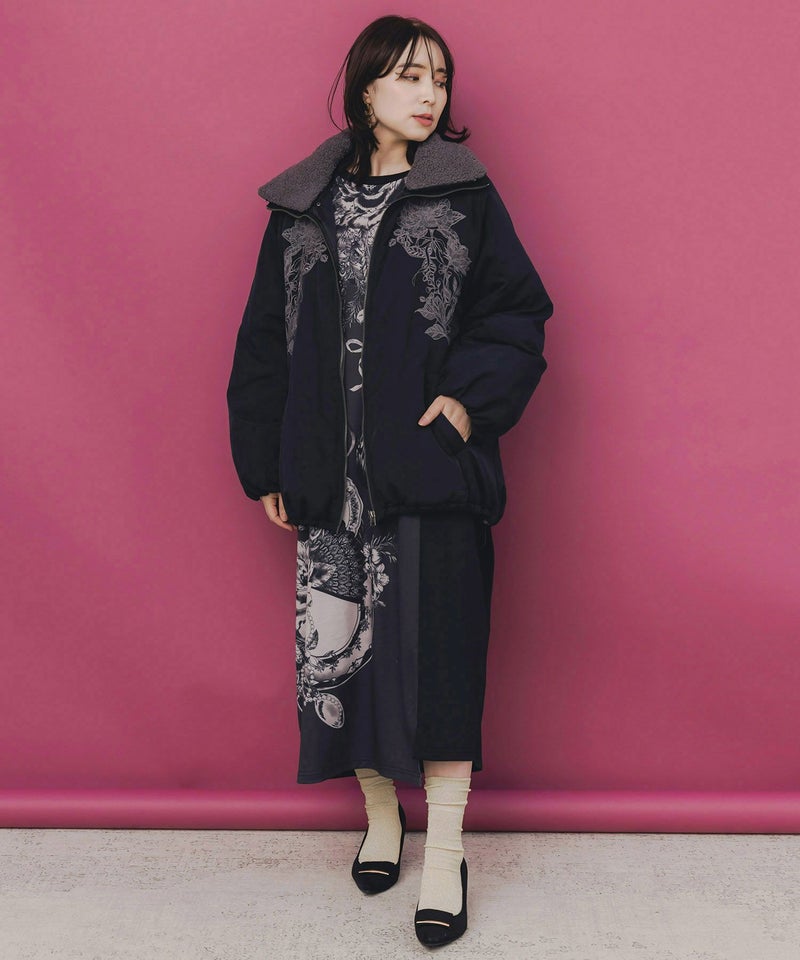ボア襟取り外し可能 花刺繍中綿ブルゾン-2