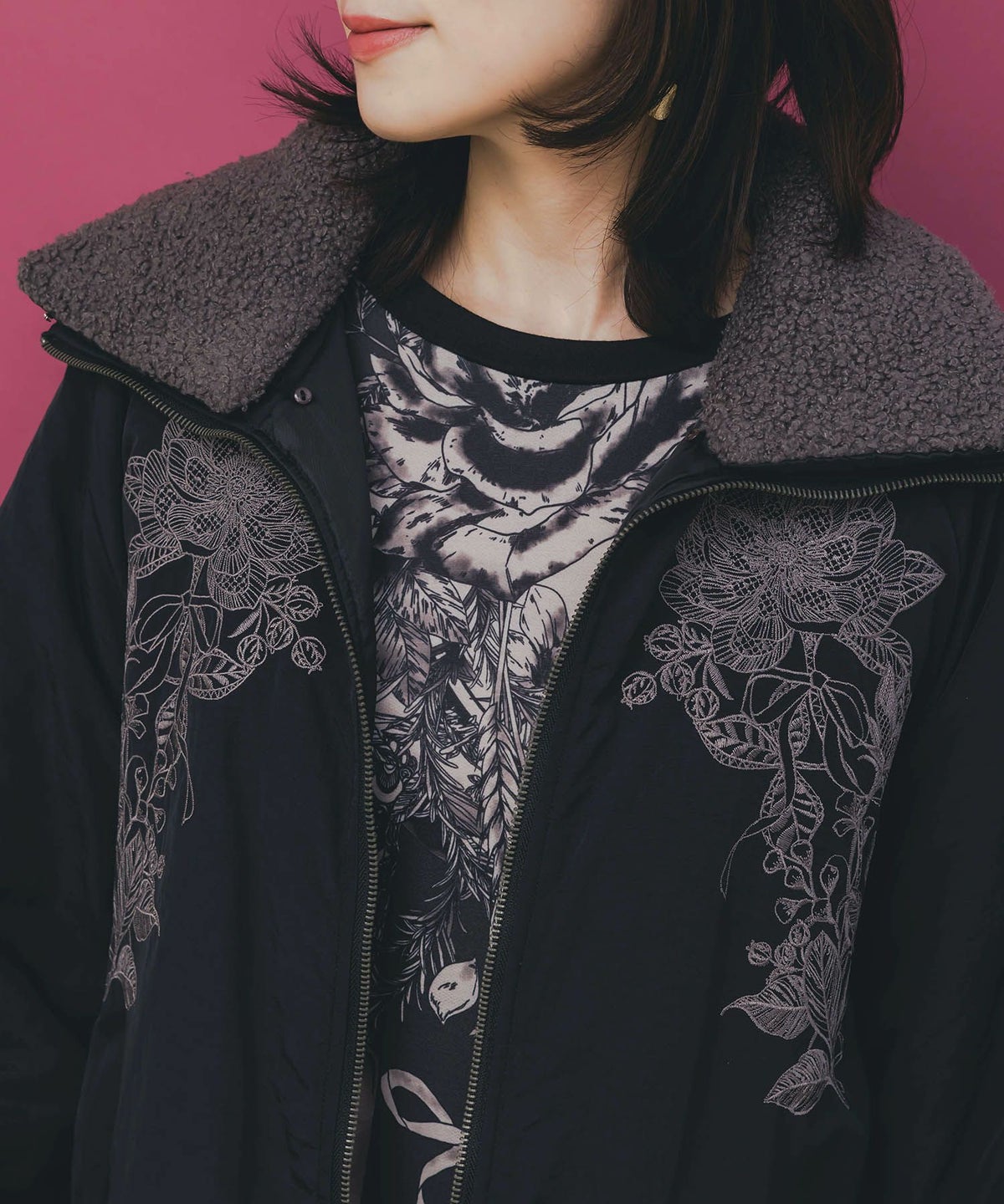 ボア襟取り外し可能 花刺繍中綿ブルゾン-8
