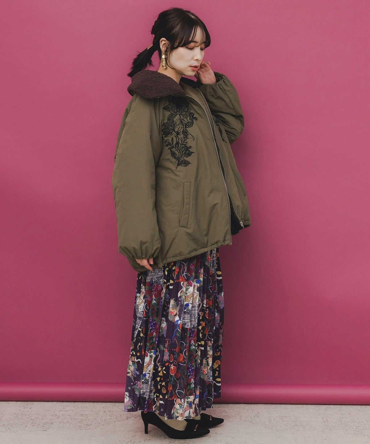 ボア襟取り外し可能 花刺繍中綿ブルゾン-16